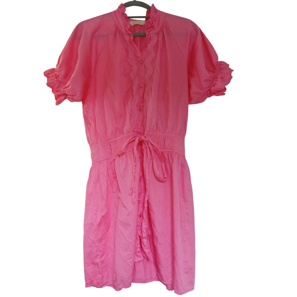STARK Pink Ruffle ric rac Mini Dress Short Sleeve Button Down Tie Waist‎ Women's